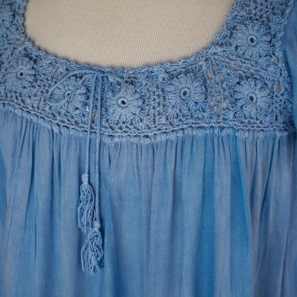 Vintage 70's Boho Handmade 100% Cotton Knit/Crochet Blue Midi Tiered Dress - Picture 3 of 17